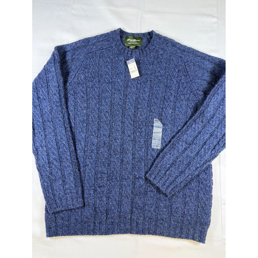 VNTG 90's NWT Eddie Bauer Heritage Mens Blue Cable Knit Wool Sweater Large Tall